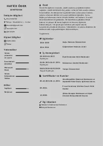 Beslenme Uzmanı Diyetisyen CV Örnekleri cv indir